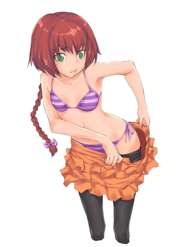 rokuichi, suou pavlichenko, darker than black, 00s, 1girl, bikini, bra, braid, female focus, lingerie, panties, pantyhose, side-tie bikini bottom, side-tie panties, single braid, skirt, solo, striped bikini, striped bra, striped clothes, striped panties, swimsuit, underwear, undressing