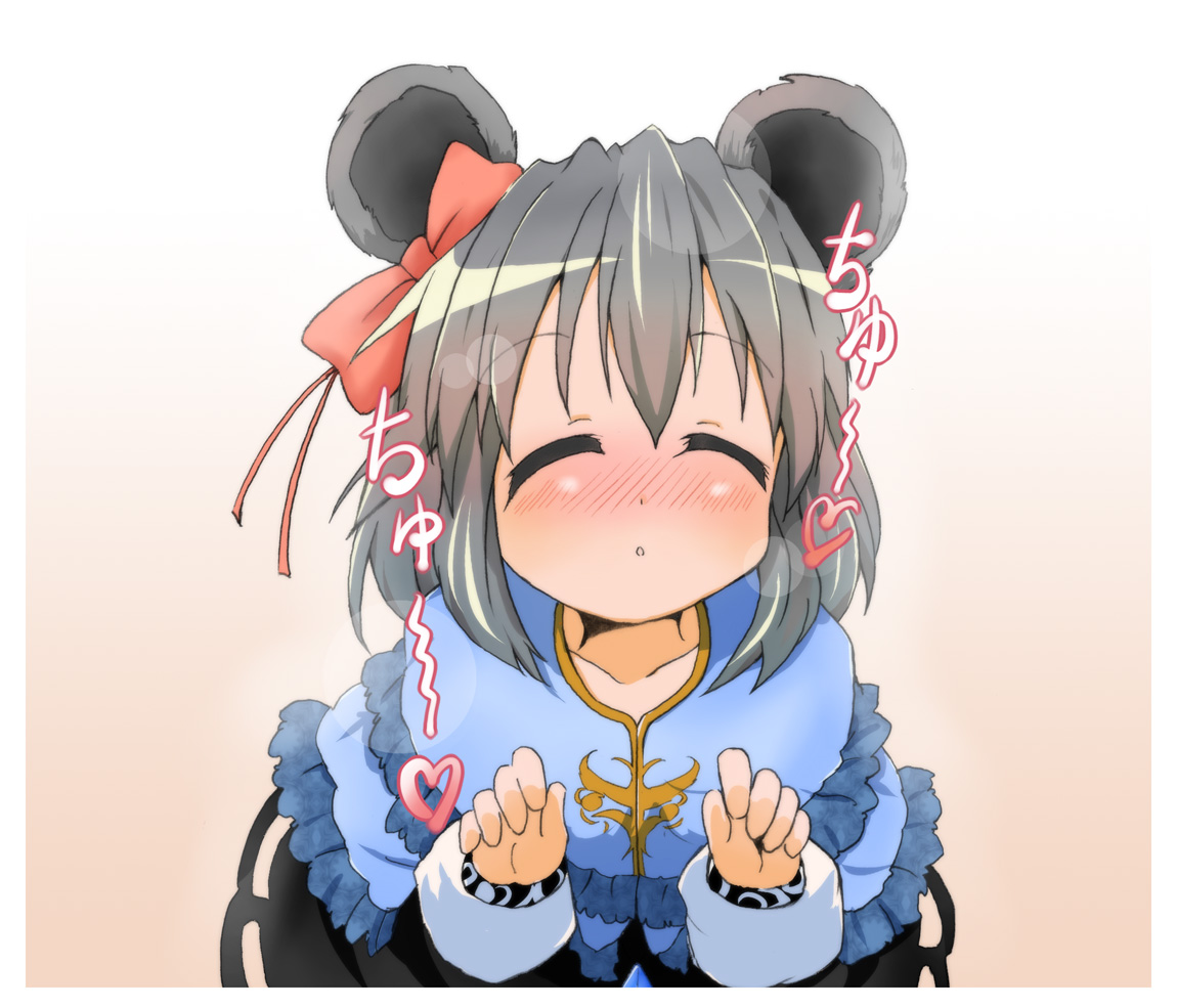 agenasu, nazrin, touhou, 1girl, animal ears, blush, bow, closed eyes, female focus, gradient background, grey hair, hair bow, incoming kiss, mouse ears, short hair, solo