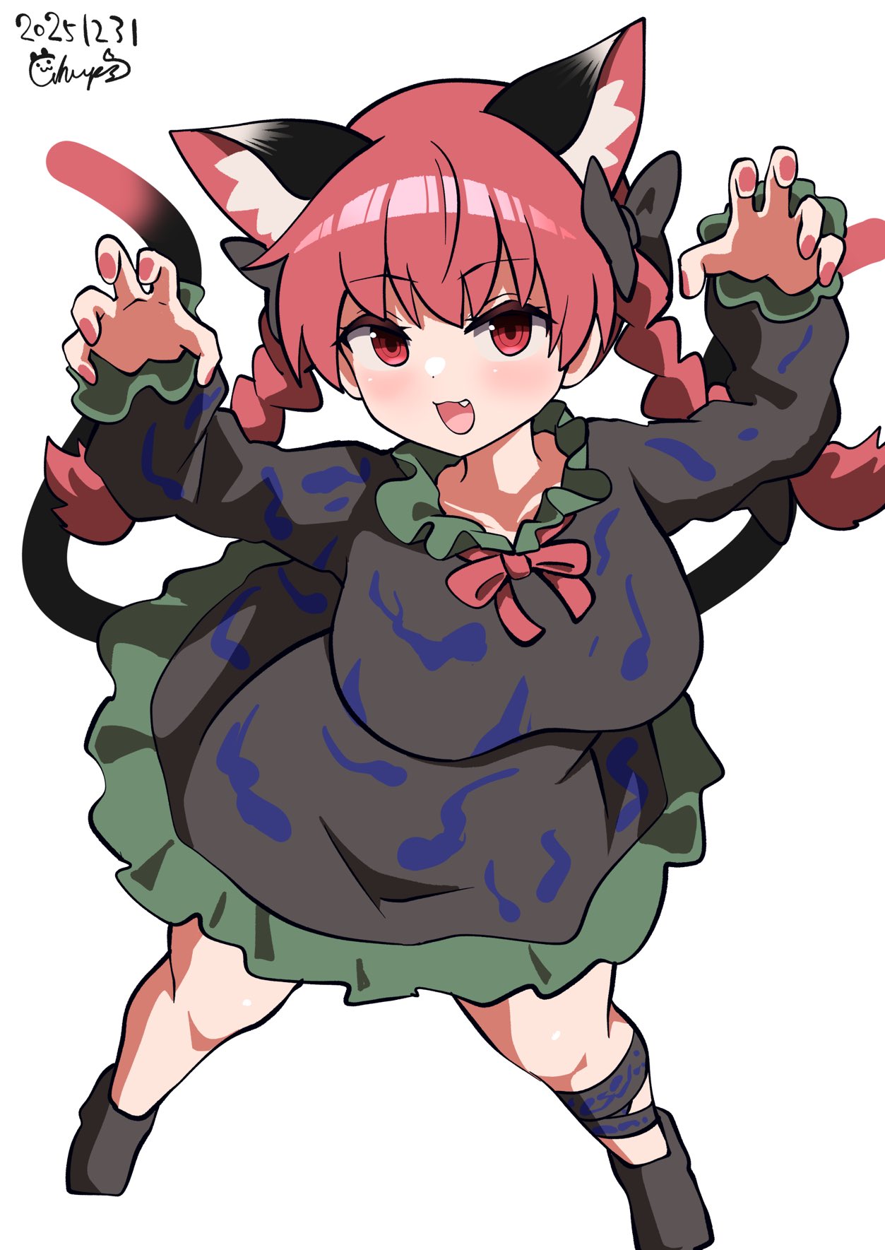 chups, kaenbyou rin, touhou, commentary request, highres, 1girl, :3, :d, animal ears, black dress, black ribbon, black shoes, braid, cat ears, cat girl, cat tail, dated, dress, extra ears, fang, full body, leg ribbon, long hair, long sleeves, looking at viewer, multiple tails, open mouth, red eyes, red hair, red nails, ribbon, shoes, side braids, signature, simple background, smile, solo, tail, twin braids, two tails, white background