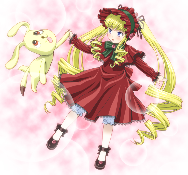ichikawa masahiro, kunkun, shinku, rozen maiden, 00s, blonde hair, blue eyes, blush, bonnet, dress, drill hair, long hair, solo, twintails, very long hair