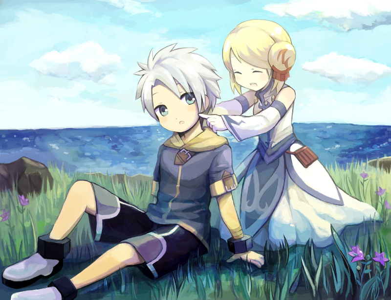 dorosousu, senel coolidge, stella fennes, stella telmes, tales of (series), tales of legendia, bad id, bad pixiv id, 1boy, 1girl, aged down, blonde hair, blue eyes, child, closed eyes, couple, detached sleeves, dress, hetero, sitting, white hair