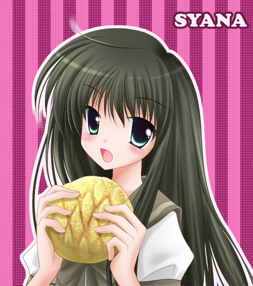 rasuko, shana, shakugan no shana, bad id, bad pixiv id, 00s, black eyes, black hair, bread, english text, engrish text, food, long hair, melon bread, ranguage, school uniform, solo