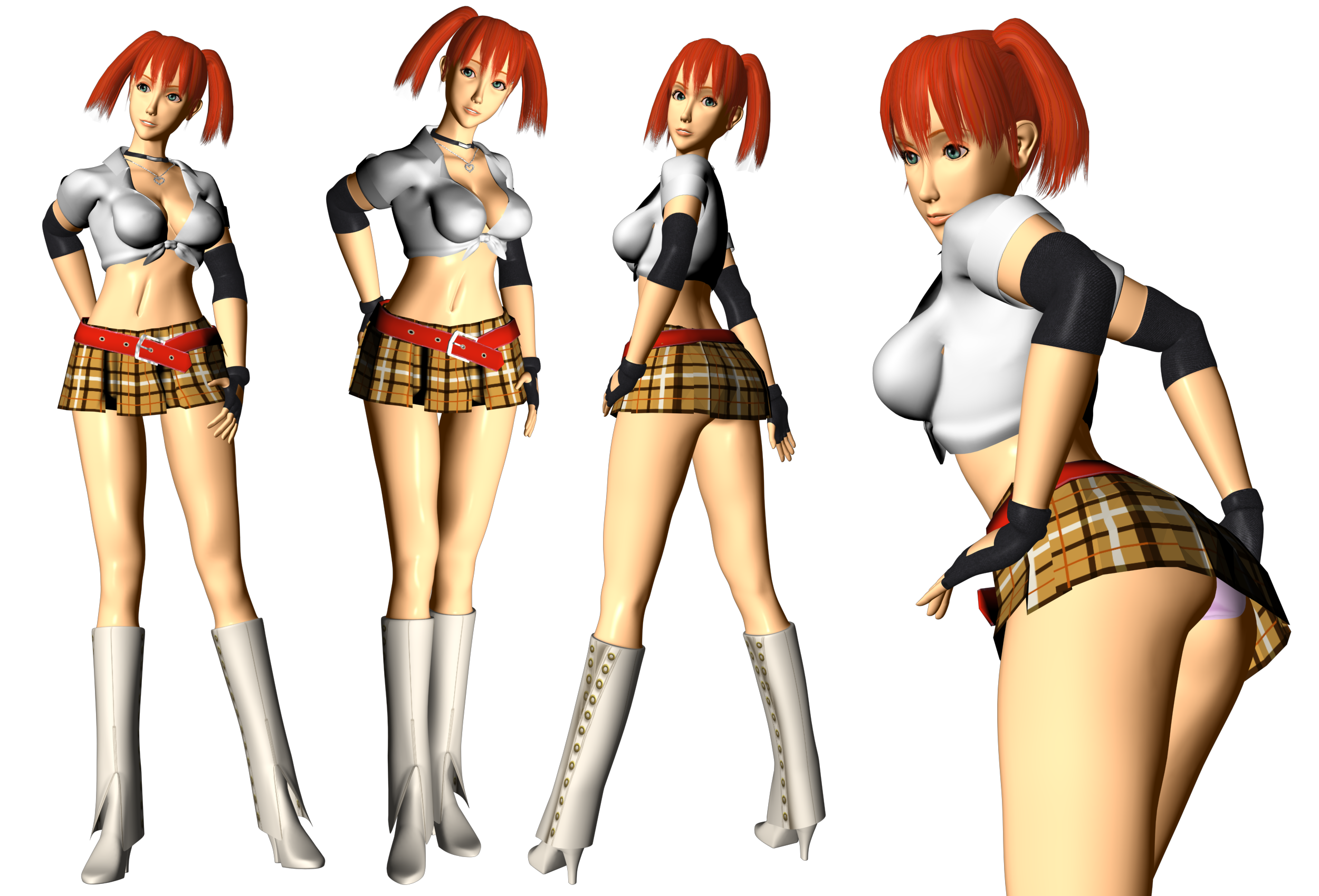 candy cane (rumble roses), rumble roses, artist request, highres, source request, 1girl, 3d, belt, boots, candy, candy cane, food, gloves, miniskirt, red hair, skirt, transparent background, twintails