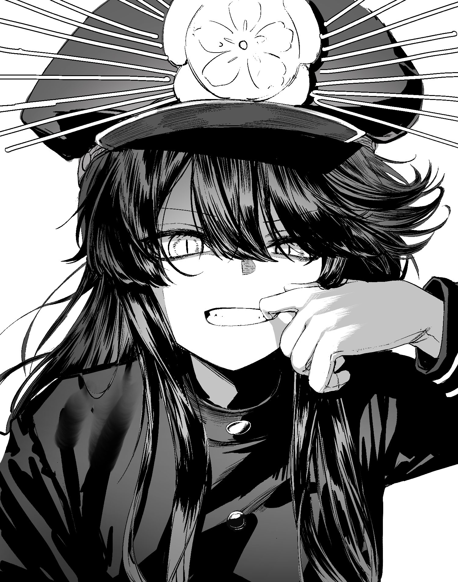 oda nobunaga (fate), fate/grand order, fate (series), artist request, tagme, 1girl, gloves, looking at viewer, monochrome