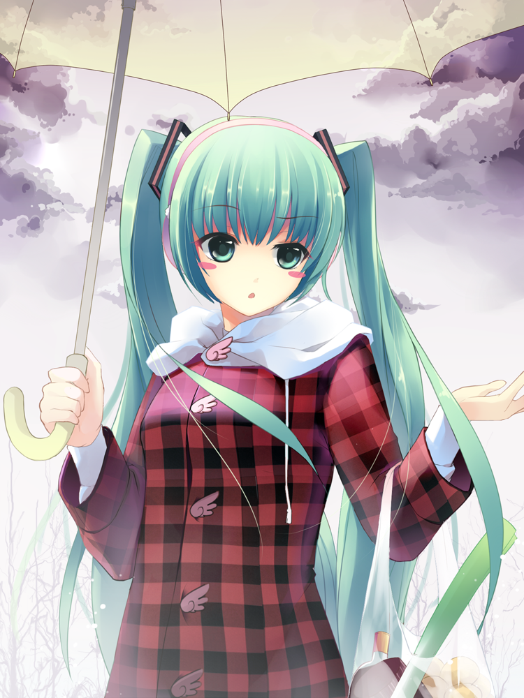 sheska xue, hatsune miku, vocaloid, :o, bag, blush, blush stickers, frown, green eyes, green hair, long hair, shopping bag, solo, spring onion, transparent, transparent umbrella, twintails, umbrella