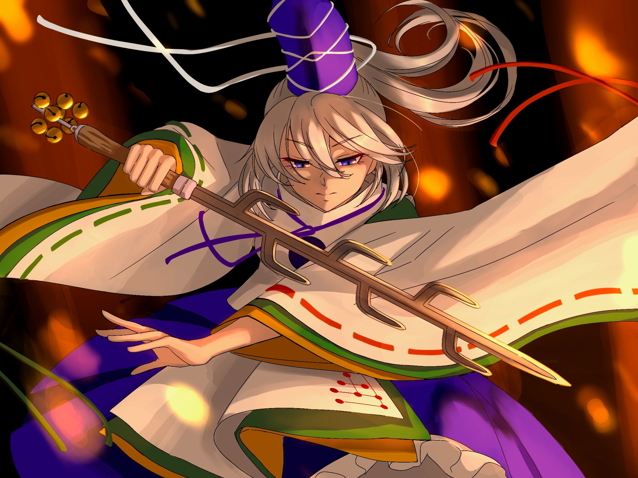 aoiueo12, mononobe no futo, touhou, commentary request, highres, 1girl, blue eyes, blue hat, blue skirt, blurry, blurry background, closed mouth, frilled skirt, frills, grey hair, hat, holding, holding weapon, japanese clothes, kariginu, long hair, long sleeves, looking at viewer, ponytail, ribbon-trimmed sleeves, ribbon trim, skirt, solo, tate eboshi, weapon, wide sleeves