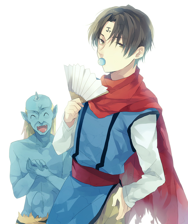 88 (kimidori midori), tokashiki, george (yu yu hakusho), george (yuu yuu hakusho), koenma, koenma (yu yu hakusho), yuu yuu hakusho, bad id, bad pixiv id, 2boys, blue skin, cape, colored skin, demon, facial mark, folding fan, forehead mark, hand fan, horns, male focus, multiple boys, oni, pacifier, single horn, white background
