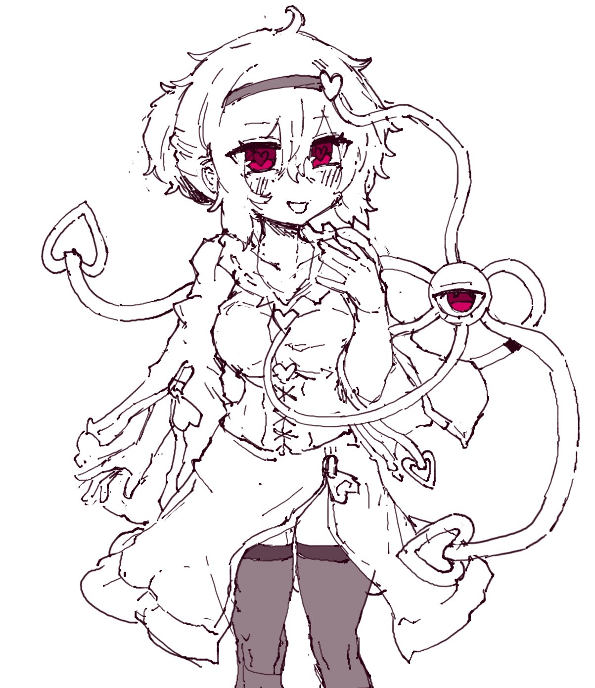 rampa93, komeiji satori, touhou, highres, 1girl, :d, alternate costume, alternate hairstyle, black thighhighs, blush, breasts, cross-laced clothes, hair bun, hairband, heart, heart-shaped pupils, long sleeves, looking at viewer, messy hair, open mouth, partially colored, pink eyes, short hair, skirt, smile, solo, symbol-shaped pupils, thighhighs