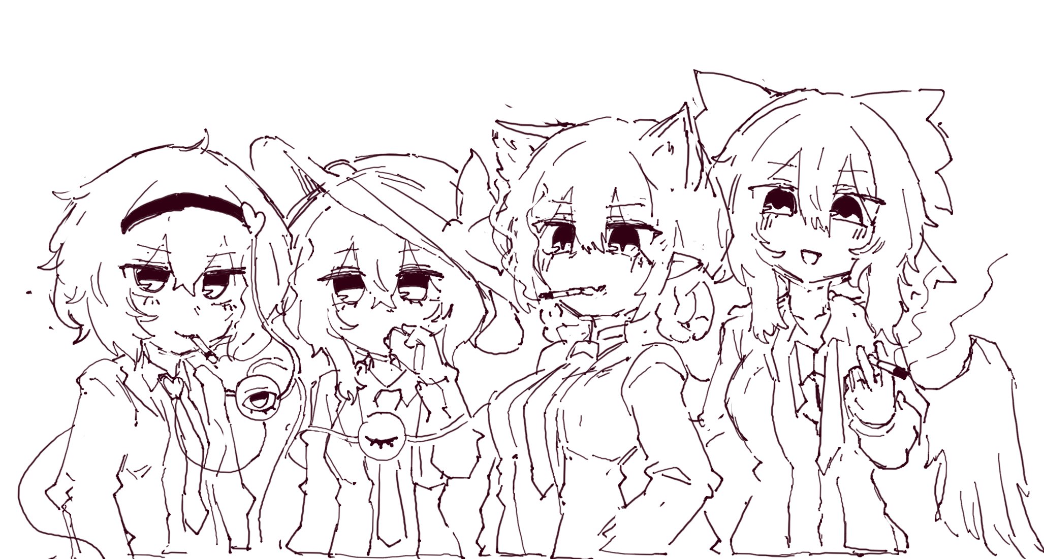 rampa93, kaenbyou rin, komeiji koishi, komeiji satori, reiuji utsuho, touhou, commentary, english commentary, highres, 4girls, alternate costume, animal ears, bow, cat ears, cat girl, cigarette, extra ears, hair between eyes, hair bow, hairband, heart, holding, holding cigarette, looking at viewer, monochrome, multiple girls, necktie, short hair, sidelocks, simple background, smoking, third eye, wings