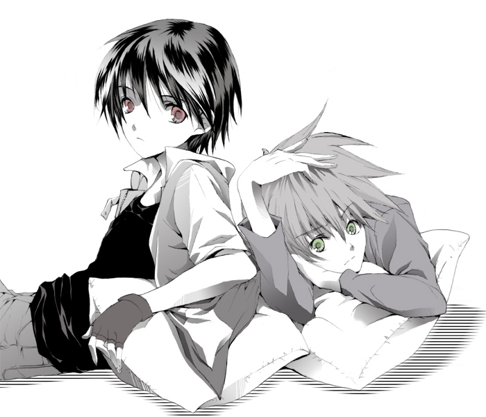 dorumi, blue oak, blue oak (pokemon rgby), pixiv red, red (pokemon), nintendo, pokemon, pokemon rgby, 1990s (style), 2boys, black hair, denim, fingerless gloves, gloves, green eyes, jacket, jeans, lying, male focus, monochrome, multiple boys, no headwear, pants, pillow, red eyes, retro artstyle, spot color