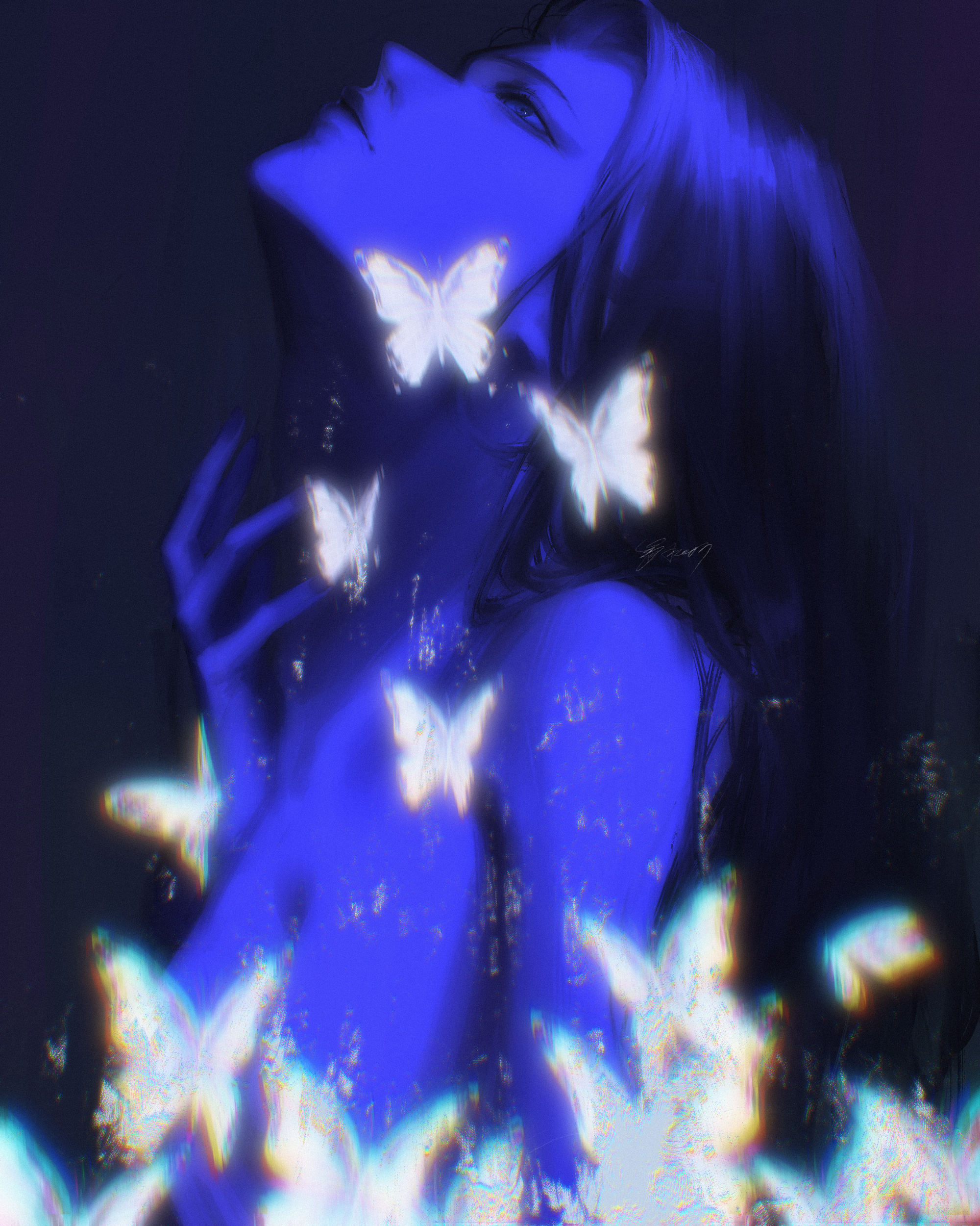 doloyume, original, absurdres, commentary, english commentary, highres, 1girl, blue theme, blurry, bug, butterfly, chromatic aberration, insect, limited palette, lips, long hair, looking up, profile, solo
