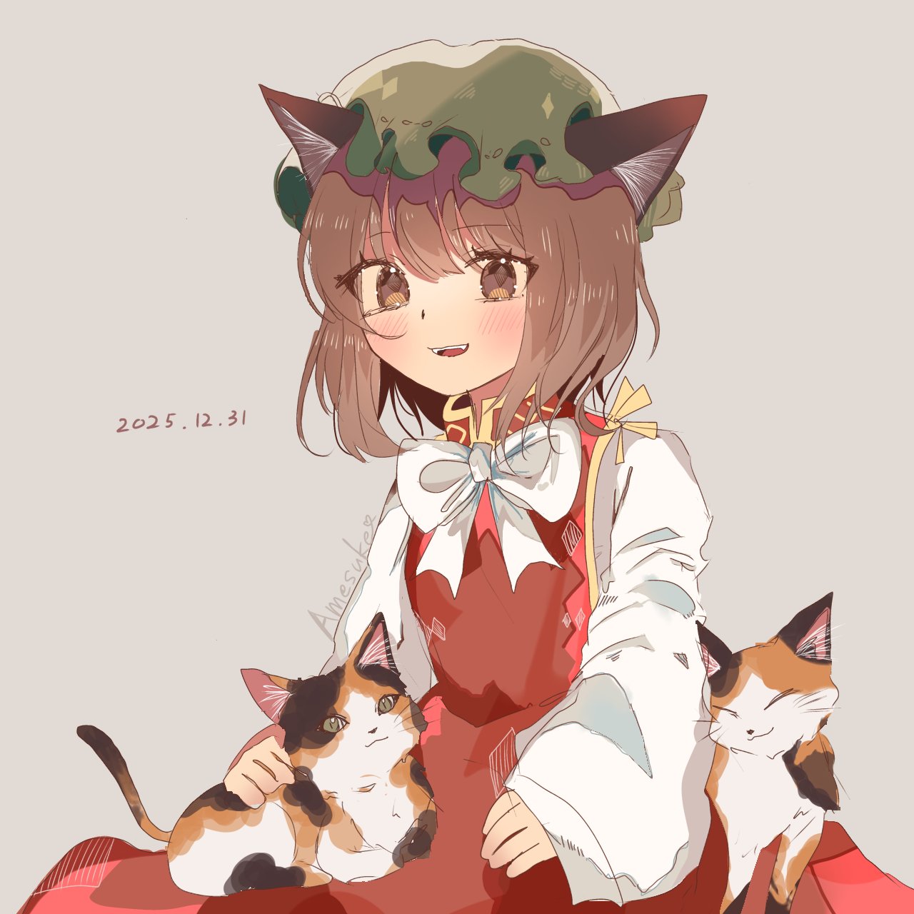 chen, touhou, commentary request, highres, 1girl, animal ears, bow, bowtie, brown eyes, brown hair, calico (pattern), cat, cat ears, cat girl, dated, dress, green hat, hat, long sleeves, looking at viewer, m udonx, mob cap, open mouth, red dress, short hair, smile, white bow, white bowtie