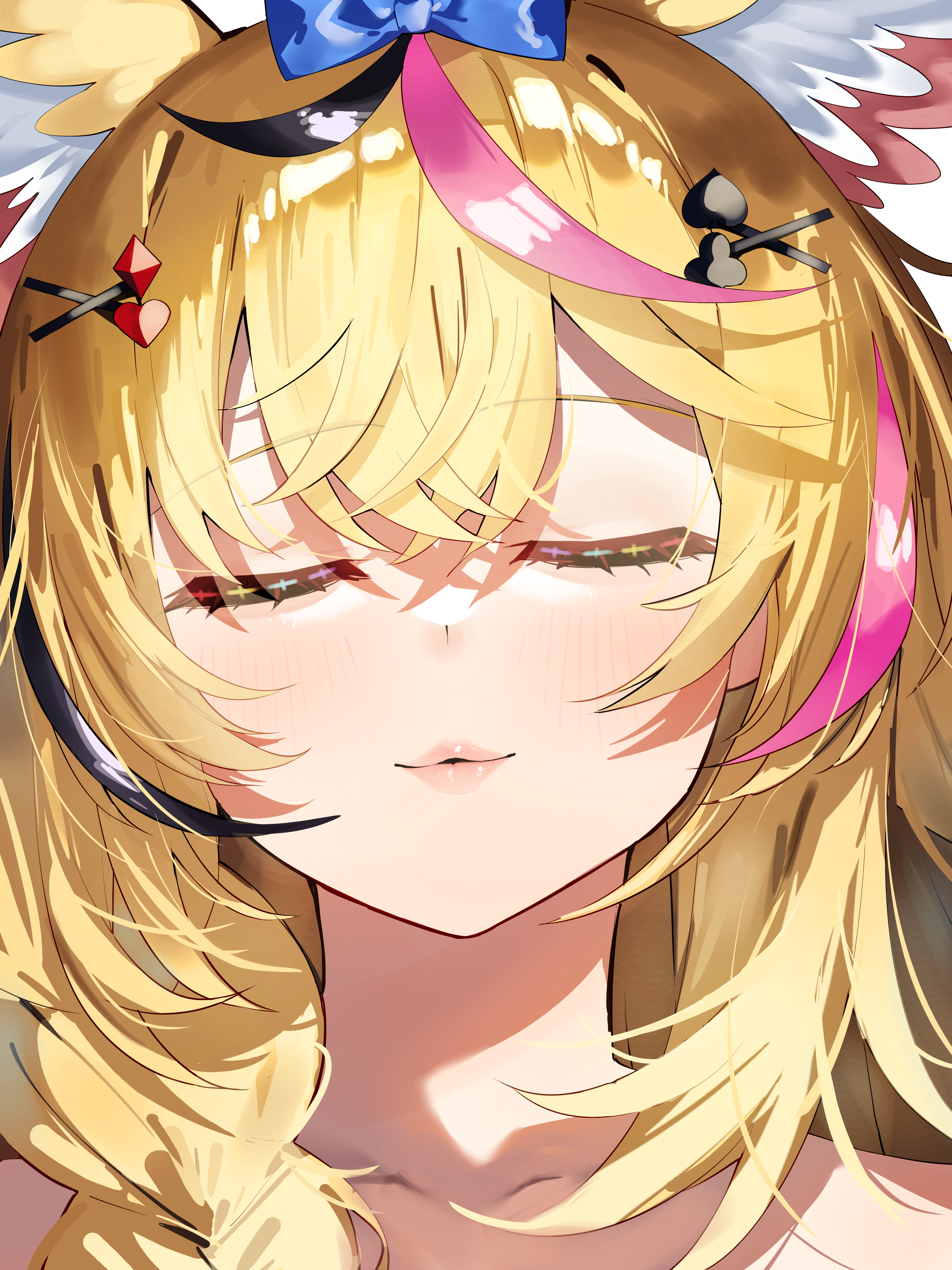 tsushi, omaru polka, hololive, absurdres, highres, 1girl, animal ears, blonde hair, blue bow, bow, braid, closed eyes, club hair ornament, diamond hair ornament, facing viewer, fox ears, fox girl, hair bow, hair ornament, heart, heart hair ornament, lips, long hair, multicolored hair, pink streaks, portrait, puckered lips, solo, spade hair ornament, streaked hair, virtual youtuber, x hair ornament