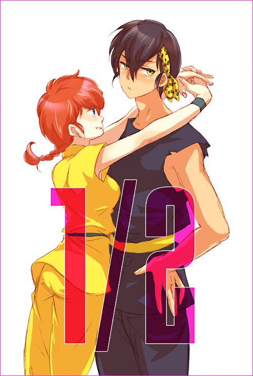 hibiki ryouga, ranma-chan, saotome ranma, ranma 1/2, gender request, bandana, black hair, genderswap, hug, ponytail, red hair