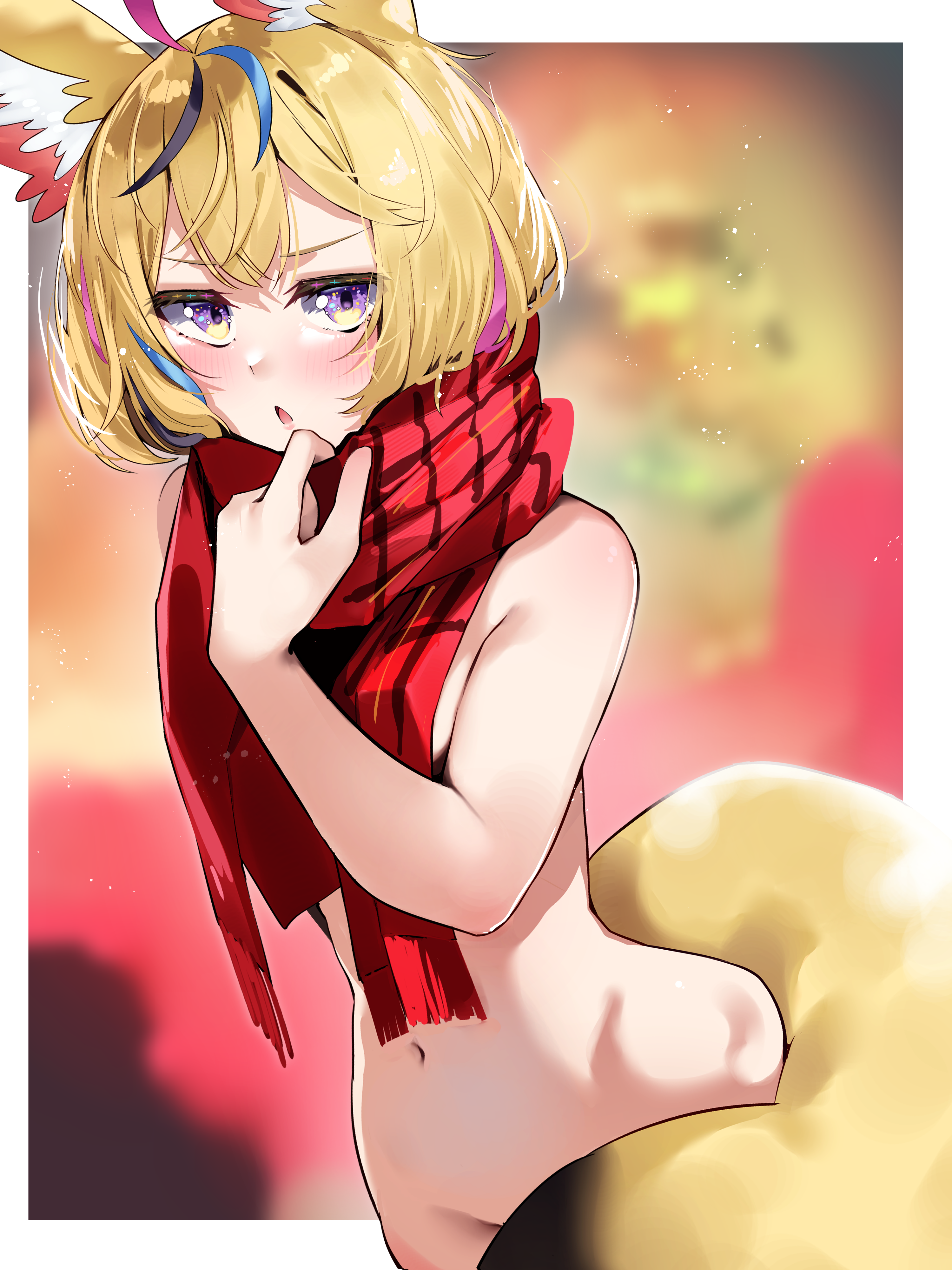 tsushi, omaru polka, hololive, absurdres, highres, 1girl, animal ears, blonde hair, blue streaks, blurry, blurry background, blush, border, cowboy shot, fox ears, fox girl, fox tail, hand up, jitome, looking at viewer, multicolored hair, naked scarf, navel, nude, pink streaks, purple eyes, red scarf, scarf, solo, standing, streaked hair, tail, virtual youtuber, white border