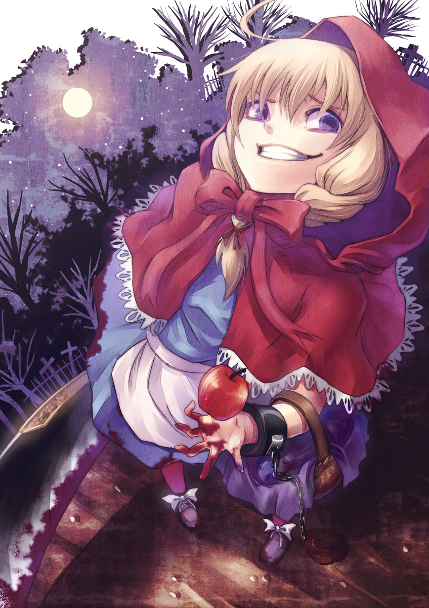 hyuuga azuri, b.b. hood, little red riding hood (fairy tale character), capcom, darkstalkers, little red riding hood (fairy tale), highres, 1girl, apple, blood, bow, buletta, chain, cuffs, female focus, food, fruit, full moon, grin, hood, moon, night, purple eyes, shackles, smile, solo, weapon