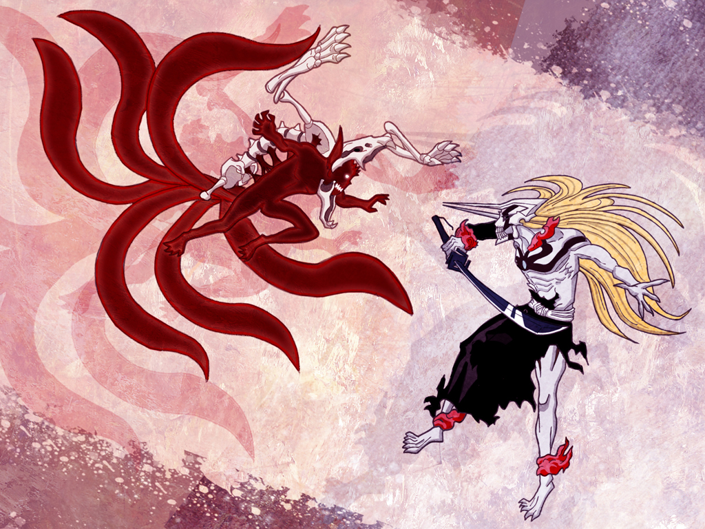 jonas64, hollow ichigo, kurama (naruto), kurosaki ichigo, kyuubi (naruto), shirosaki hichigo, uzumaki naruto, bleach, naruto (series), naruto shippuuden, shounen jump, 00s, 2boys, action, animal, animal ears, attack, bankai, battle, blonde hair, bone, company connection, crossover, demon, epic, fighting, fighting stance, fox, fox ears, fox tail, full body, holding, holding sword, holding weapon, horns, katana, kitsune, kyuubi, long hair, long tail, male focus, monster, multiple boys, multiple tails, orange hair, skeleton, skull, sword, tail, troll, weapon, white horns