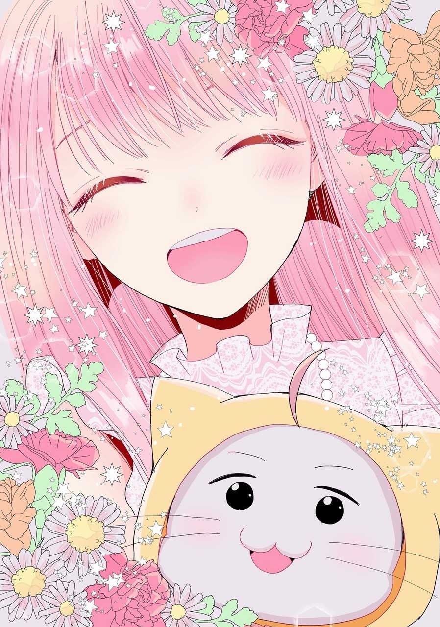 momo (nikki), nikki (nikki), miracle nikki, nikki (series), artist request, highres, official art, third-party source, 1girl, ^ ^, ahoge, animal, bare shoulders, bead necklace, beads, bishie sparkle, black eyes, cat, cloak, closed eyes, clothed animal, collared shirt, daisy (flower), dot nose, ear covers, eyelashes, flower, frilled shirt, frilled shirt collar, frills, happy, hood, hood up, hooded cloak, jewelry, lace shirt, light blush, light particles, long hair, long sidelocks, looking at viewer, necklace, open mouth, orange flower, pink flower, pink hair, pink rose, pink shirt, rose, shirt, sidelocks, sleeveless, sleeveless shirt, smile, star (symbol), straight hair, teeth, upper body, upper teeth only, very long hair, whiskers, white cat, white flower, yellow cloak