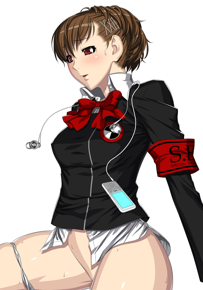 kansuke, shiomi kotone, atlus, persona, persona 3, persona 3 portable, 1girl, armband, blush, bottomless, breasts, brown hair, digital walkman, female focus, hair ornament, hairclip, mp3 player, panties, ponytail, pussy juice, red eyes, simple background, solo, sweat, underwear, white background