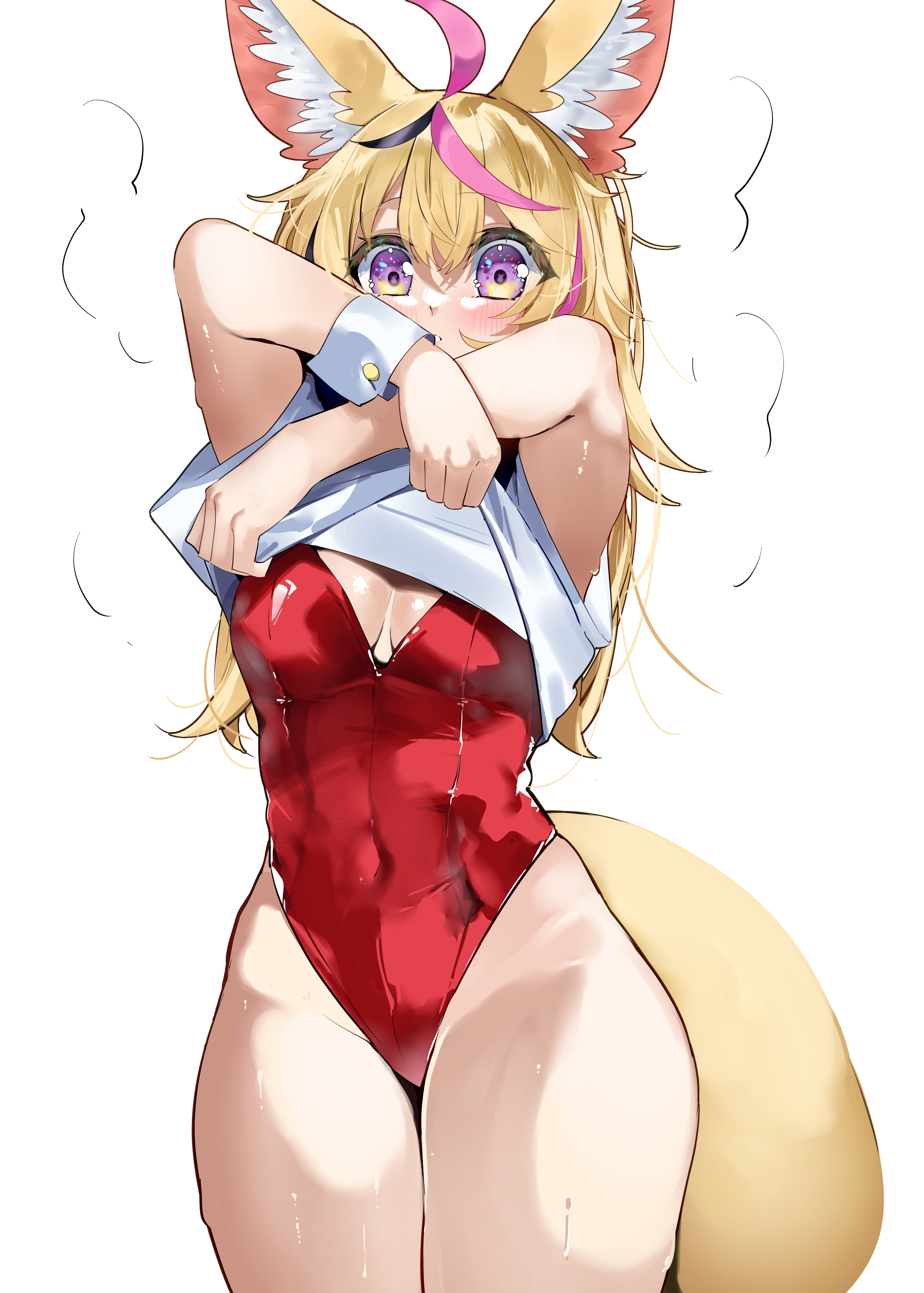 tsushi, omaru polka, hololive, absurdres, highres, 1girl, animal ears, blonde hair, blush, breasts, clothes lift, covered navel, cowboy shot, fox ears, fox girl, fox tail, leotard, lifting own clothes, long hair, looking at viewer, multicolored hair, pink streaks, purple eyes, red leotard, shirt lift, simple background, solo, standing, strapless, strapless leotard, streaked hair, tail, undressing, virtual youtuber, white background, white wrist cuffs, wrist cuffs