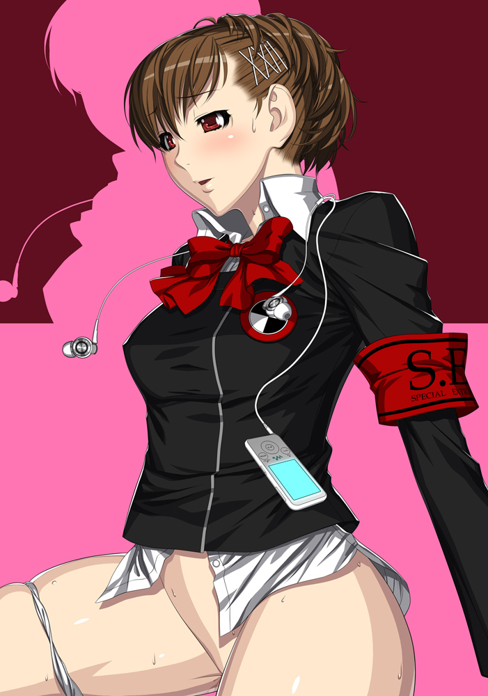 kansuke, shiomi kotone, atlus, persona, persona 3, persona 3 portable, 1girl, armband, blush, bottomless, breasts, brown hair, digital walkman, female focus, hair ornament, hairclip, mp3 player, panties, ponytail, pussy juice, red eyes, solo, sweat, sweatdrop, underwear