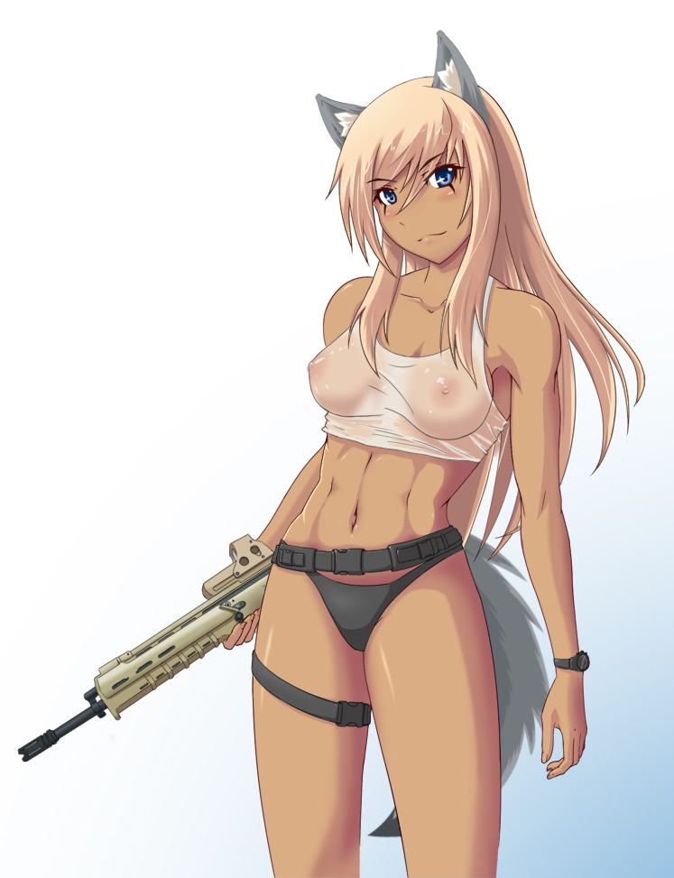 foxhound220, original, 1girl, abs, adaptive combat rifle, animal ear fluff, animal ears, assault rifle, bare shoulders, belt, black panties, blonde hair, blue eyes, blush, breasts, covered erect nipples, dark-skinned female, dark skin, eotech, female focus, gun, long hair, midriff, muscular, navel, nipples, panties, rifle, see-through clothes, solo, tail, tank top, thigh strap, toned, toned female, underwear, watch, weapon, wolf ears, wolf tail, wristwatch