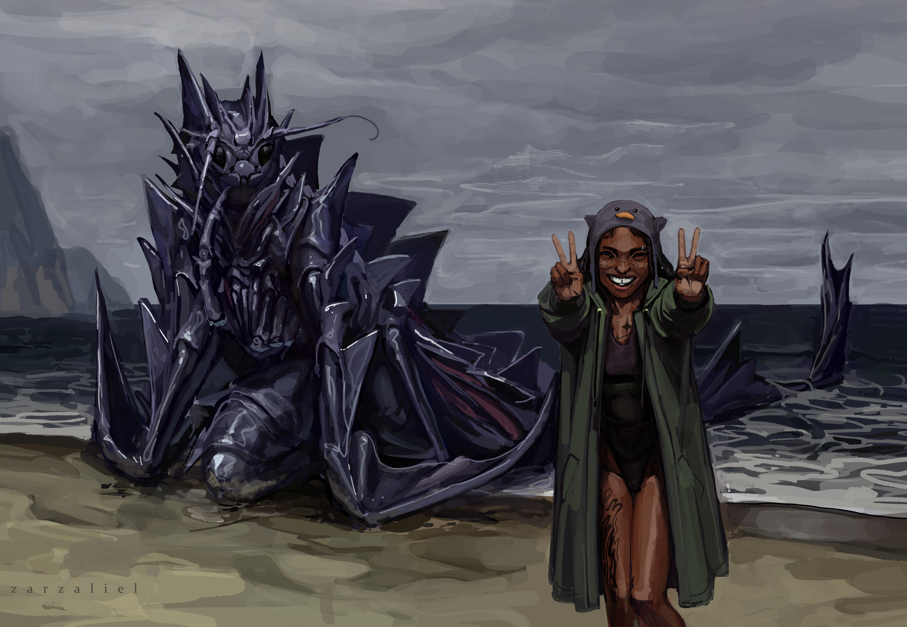 zarzaliel, original, arthropod, commentary, english commentary, highres, 1girl, antennae, blank eyes, coat, dark-skinned female, dark skin, double v, freckles, green coat, grin, monster, one-piece swimsuit, overcast, sea monster, sky, smile, swimsuit, v