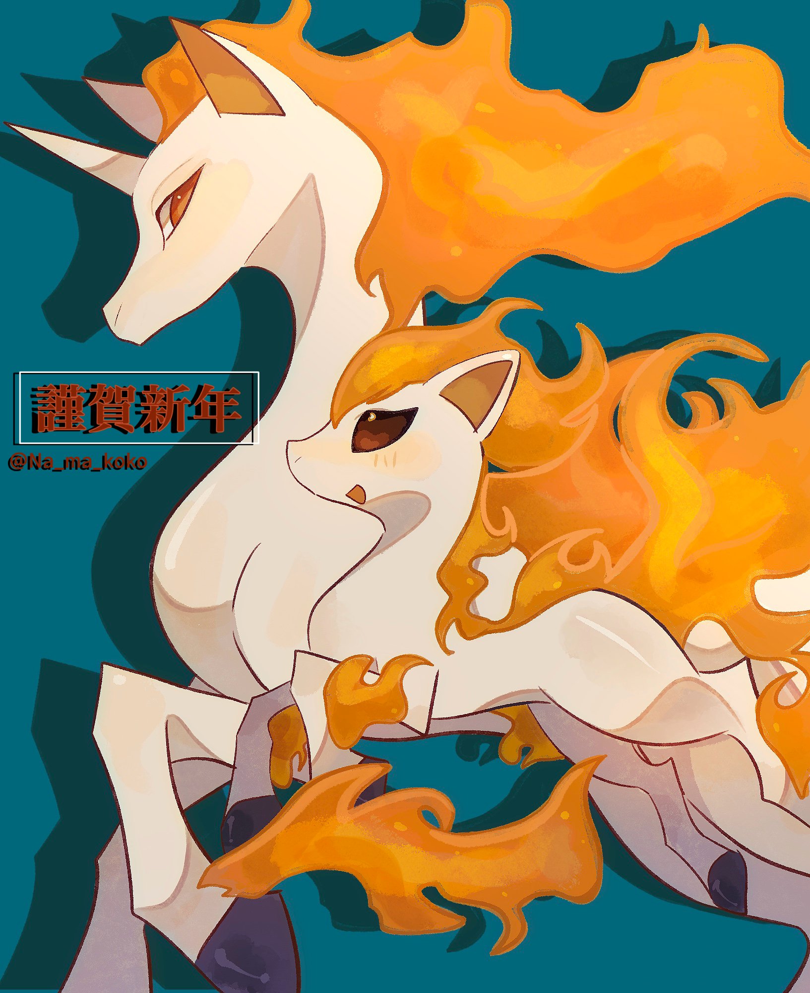 namako (na ma koko), ponyta, rapidash, nintendo, pokemon, commentary request, highres, blush, brown eyes, gen 1 pokemon, horns, horse, no humans, open mouth, orange eyes, pokemon (creature), pokemon focus, shadow, single horn, twitter username, unicorn