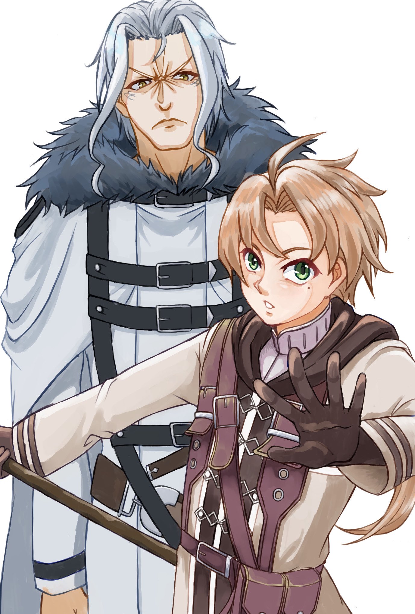 orsted (mushoku tensei), rudeus greyrat, mushoku tensei, highres, 2boys, ahoge, belt pouch, brown gloves, coat, fur-trimmed coat, fur trim, gloves, green eyes, holding, holding staff, looking at viewer, mole, mole under eye, multiple boys, ponytail, pouch, pr p pr p, staff, white background, white hair, yellow eyes