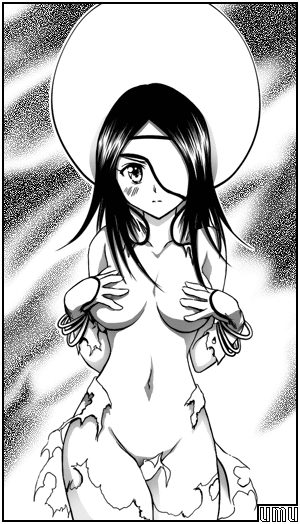 nnoitra gilga, bleach, gender request, 00s, 1girl, arrancar, black hair, blush, bracelet, breasts, censored, convenient censoring, covering breasts, covering privates, eyepatch, female focus, genderswap, groin, jewelry, long hair, looking at viewer, monochrome, navel, nude, number tattoo, solo, tattoo, torn clothes