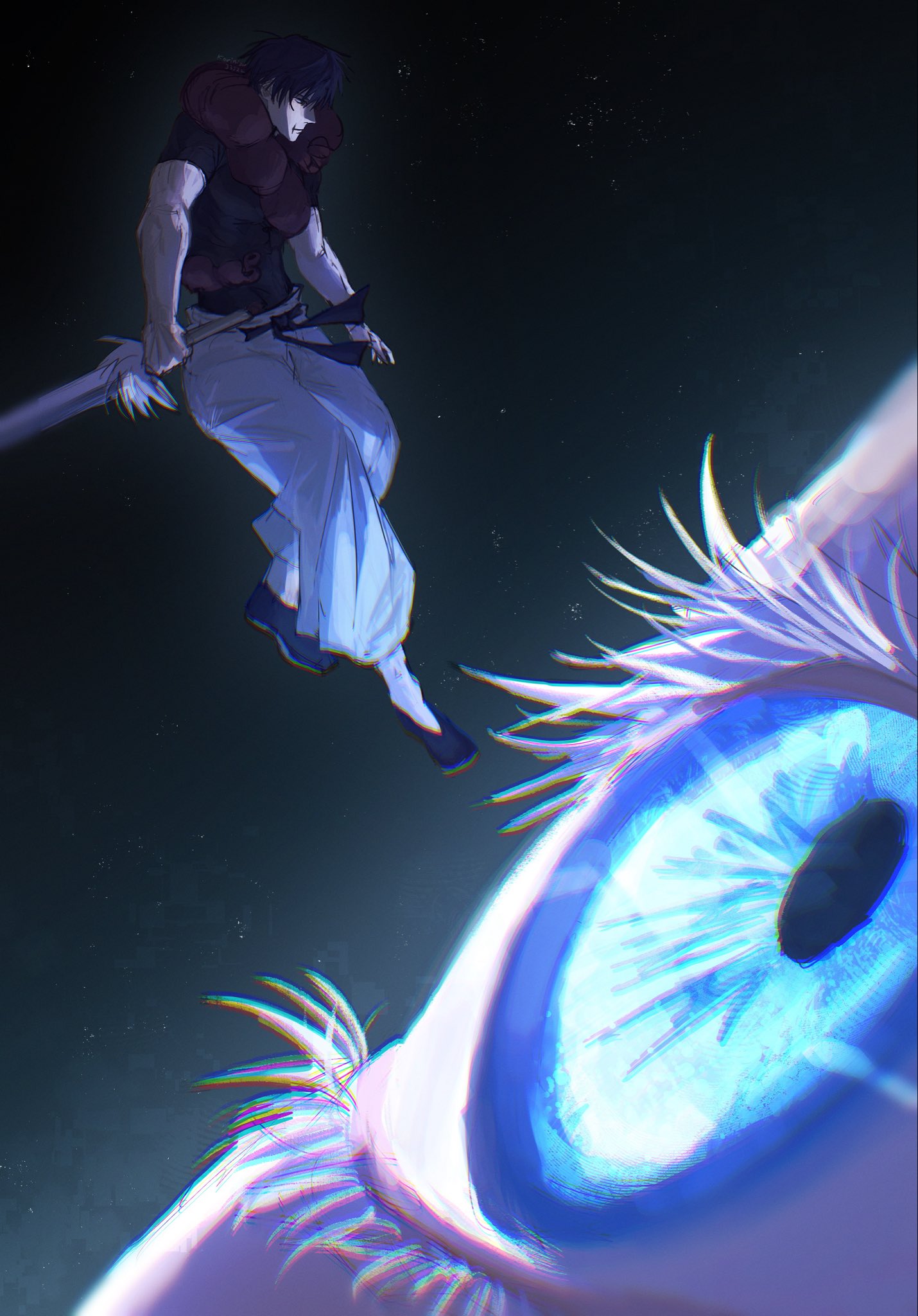 korimizu33522, fushiguro touji, gojou satoru, inventory curse (jujutsu kaisen), jujutsu kaisen, highres, 2boys, colored eyelashes, eyeball, giant, multiple boys, muscular, muscular male, pectorals, shirt, space, split soul katana (jujutsu kaisen), t-shirt, white eyelashes