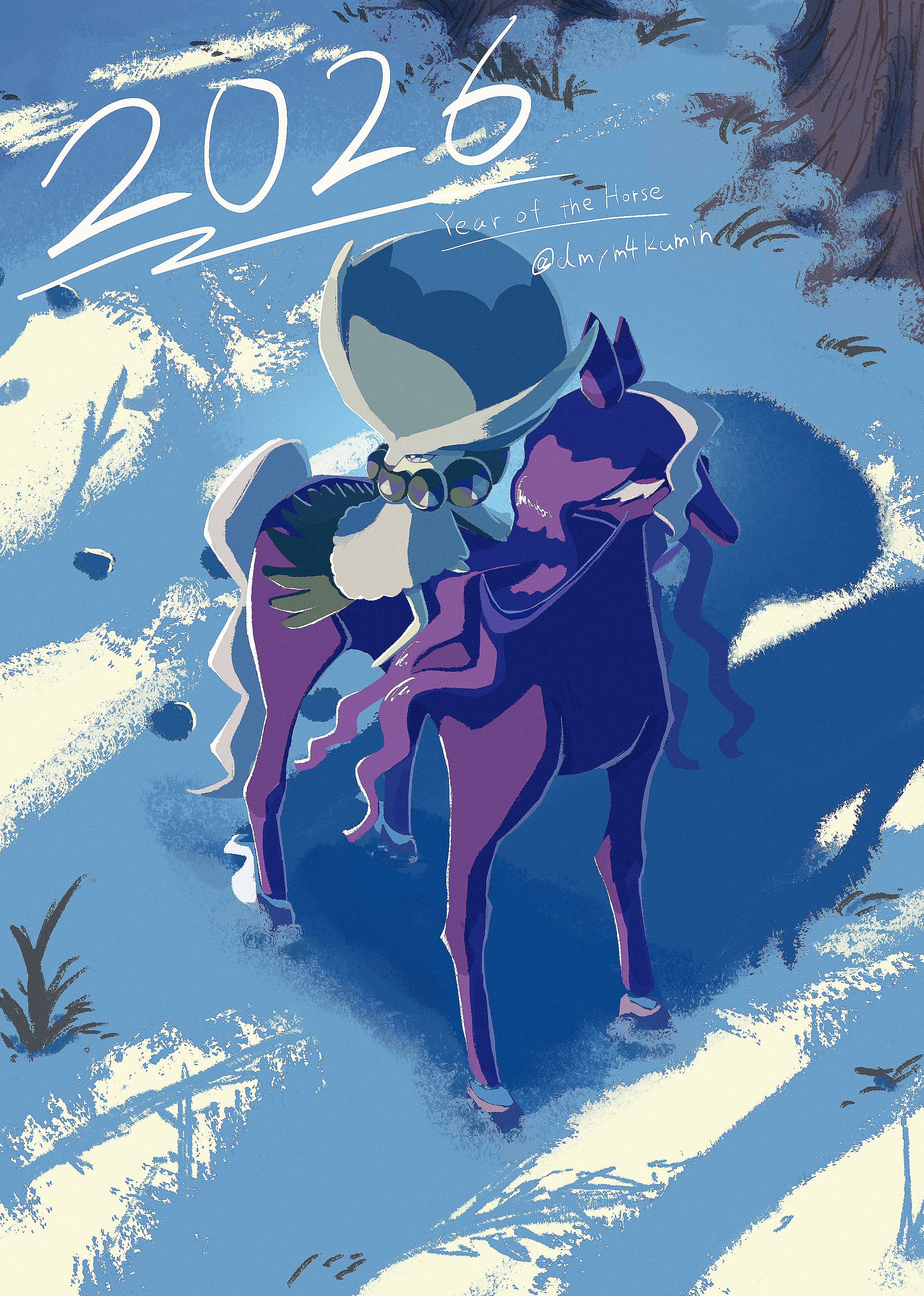 kumin (dmym4kumin), calyrex, calyrex (rider), spectrier, nintendo, pokemon, absurdres, commentary, english commentary, highres, 2026, chinese zodiac, closed eyes, gen 8 pokemon, horse, legendary pokemon, no humans, outdoors, pokemon (creature), pokemon focus, purple hair, riding, shadow, snow, standing, tree, twitter username, winter, year of the horse