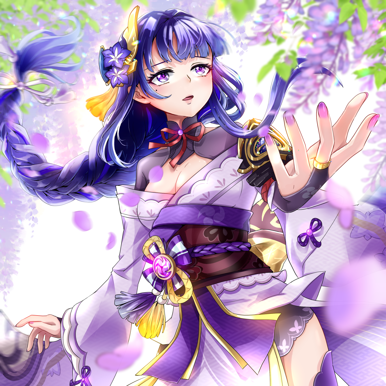 tatara tamayura, raiden shogun, genshin impact, commentary request, highres, 1girl, armor, blunt bangs, blurry, blurry background, blush, braid, breasts, bridal gauntlets, cherry blossoms, cleavage, clothing cutout, depth of field, electro symbol (genshin impact), falling petals, flower, glowing, hair ornament, japanese clothes, kimono, lingerie, long braid, long hair, mitsudomoe (shape), mole, mole under eye, motion blur, neck ribbon, off shoulder, open mouth, outdoors, petals, purple eyes, purple hair, purple kimono, purple nails, purple thighhighs, red ribbon, red sash, ribbon, sash, shoulder armor, shoulder cutout, single braid, solo, standing, thighhighs, tomoe (symbol), underwear, upper body, white background, wisteria