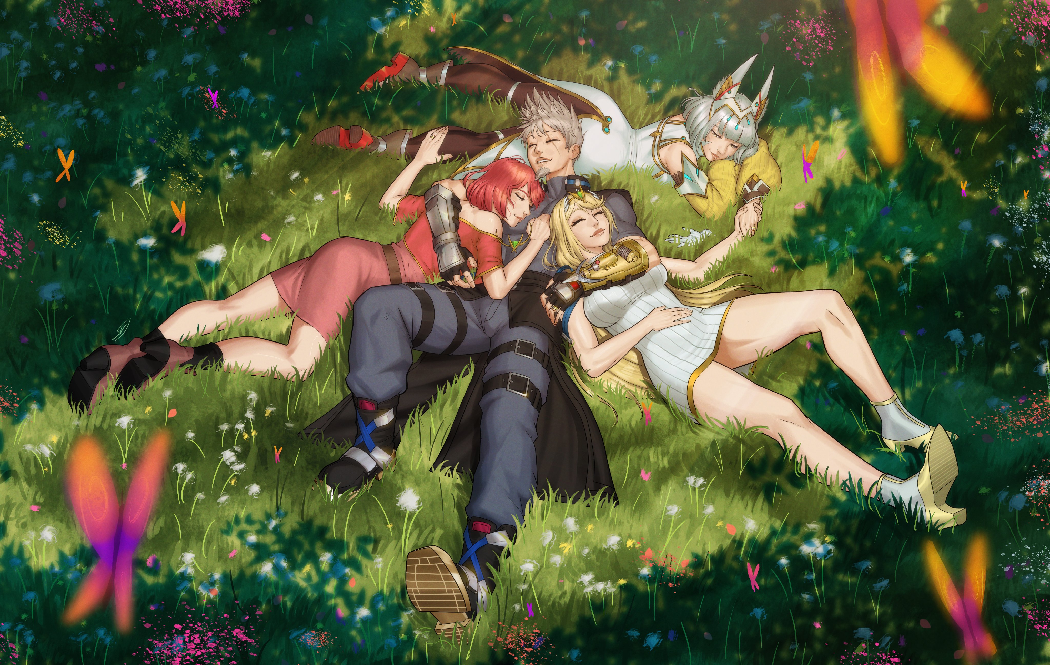 steadyknight, mythra (xenoblade), nia (xenoblade), pyra (xenoblade), rex (xenoblade), xenoblade chronicles (series), xenoblade chronicles 3, xenoblade chronicles 3: future redeemed, absurdres, commentary, commission, english commentary, highres, 1boy, 3girls, animal ears, bare legs, blonde hair, boots, brown hair, bug, butterfly, cat ears, cuddling, ear covers, facial hair, girl sandwich, goatee, grass, grey hair, high heels, holding hands, husband and wives, insect, lying, multiple girls, on back, on grass, on stomach, polyamory, red hair, sandwiched, smile