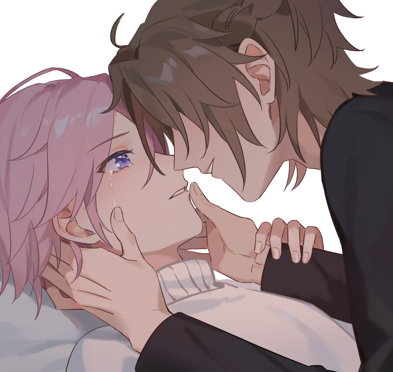 sheesixp, mikejima madara, oukawa kohaku, ensemble stars!, commentary, highres, 2boys, black shirt, blush, brown hair, crying, crying with eyes open, hair behind ear, hand on another's arm, long sleeves, male focus, multiple boys, parted bangs, parted lips, pink hair, purple eyes, shirt, smile, tears, turtleneck, white background, white shirt, yaoi