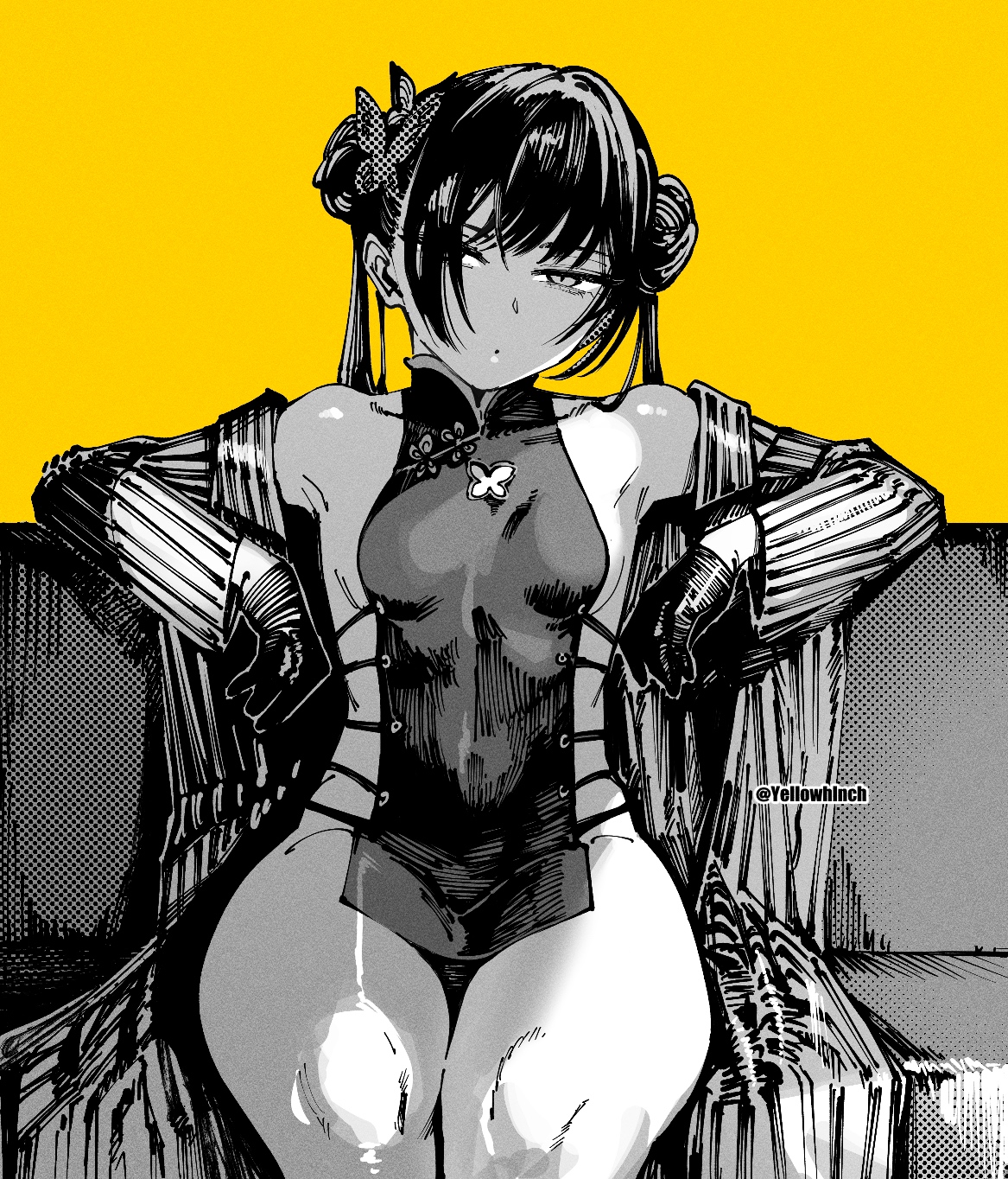 otimusyairoha, kisaki (blue archive), blue archive, commentary, highres, 1girl, ben-day dots, breasts, butterfly hair ornament, china dress, chinese clothes, closed mouth, coat, collarbone, cross-laced slit, dated commentary, dot mouth, double bun, dress, feet out of frame, gloves, greyscale with colored background, hair bun, hair ornament, hair over one eye, halftone, looking at viewer, off shoulder, open clothes, open coat, pelvic curtain, revealing clothes, screentones, shanghai neckline, sideboob, simple background, sitting, small breasts, solo, striped coat, thighs, twitter username, vertical-striped coat