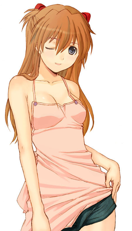 seiru (prairie), souryuu asuka langley, neon genesis evangelion, 1girl, apron, blue eyes, female focus, long hair, one eye closed, orange hair, solo, wink