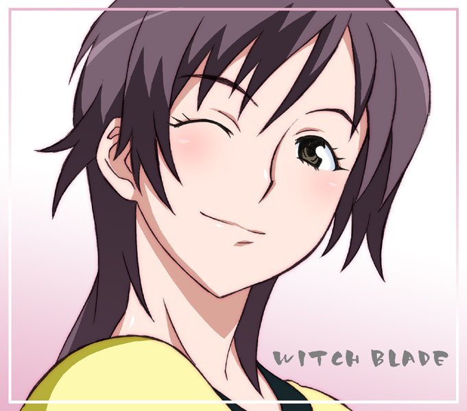 shoumaru (gadget box), amaha masane, witchblade, bad id, bad pixiv id, 00s, 1girl, brown hair, copyright name, female focus, one eye closed, short hair, solo, wink