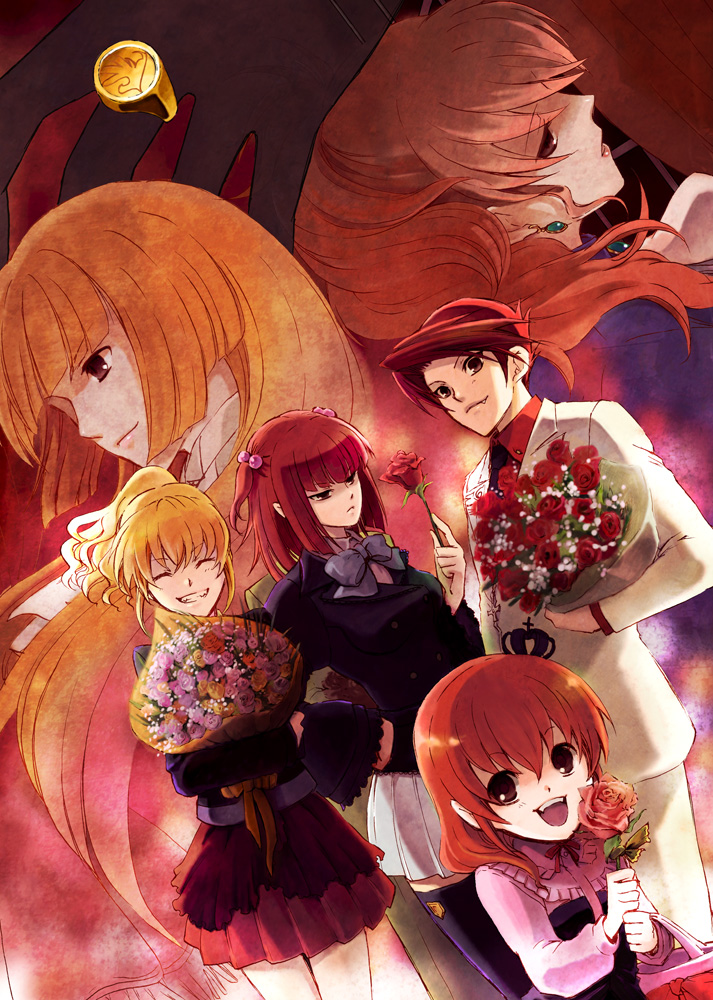 yamato (inraitei), yamatoon, ushiromiya ange, ushiromiya battler, ushiromiya jessica, ushiromiya maria, ushiromiya natsuhi, ushiromiya rosa, umineko no naku koro ni, 00s, 1boy, 5girls, ^ ^, black thighhighs, blonde hair, bouquet, bow, brother and sister, brown eyes, brown hair, closed eyes, crown, dutch angle, earrings, fang, flower, formal clothes, grin, hair bobbles, hair ornament, hime cut, jewelry, long hair, looking back, multiple girls, open mouth, orange hair, ponytail, red hair, ring, rose, siblings, smile, suit, thighhighs, zettai ryouiki