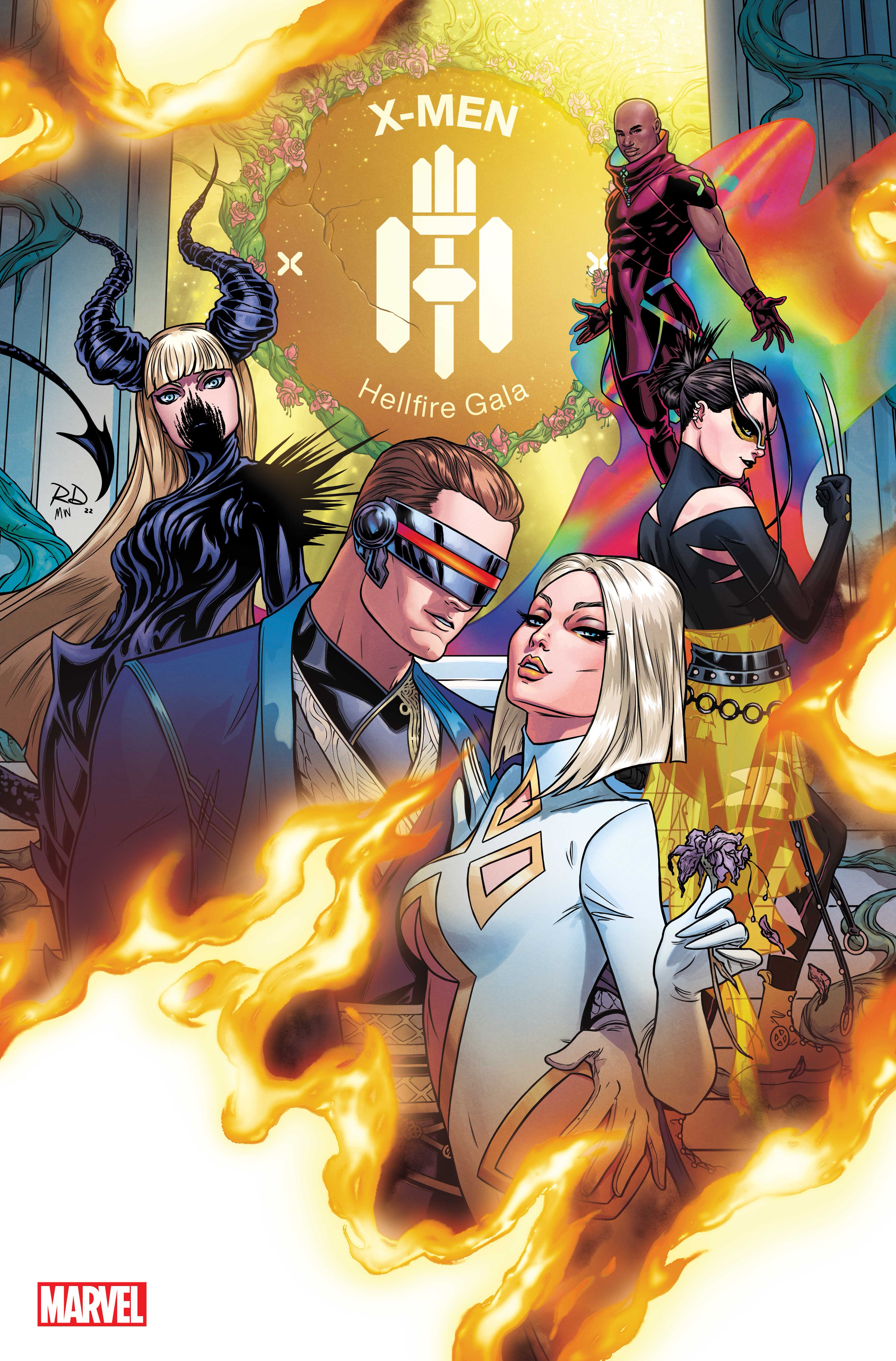matt wilson, russell dauterman, cyclops (x-men), emma frost, laura kinney, magik (x-men), scott summers, wolverine (x-men), x-23, marvel, x-men, absurdres, comic cover, commentary, english commentary, highres, official art, 2boys, 3girls, bald, black bodysuit, black hair, black horns, black lips, blonde hair, blue eyes, bodysuit, breasts, brown hair, claw (weapon), cleavage, clothing cutout, copyright name, dark-skinned male, dark skin, demon tail, earrings, english text, fake horns, fire, flower, gloves, hair bun, hair slicked back, hand on another's hip, head-mounted display, hellfire gala, hip vent, holding, holding flower, horns, jewelry, long hair, looking at viewer, looking back, multiple boys, multiple girls, official alternate costume, parted lips, red gloves, red tunic, short hair, shoulder cutout, skirt, synch (x-men), tail, tunic, underboob, weapon, western comics (style), white gloves, wilted flower, yellow skirt