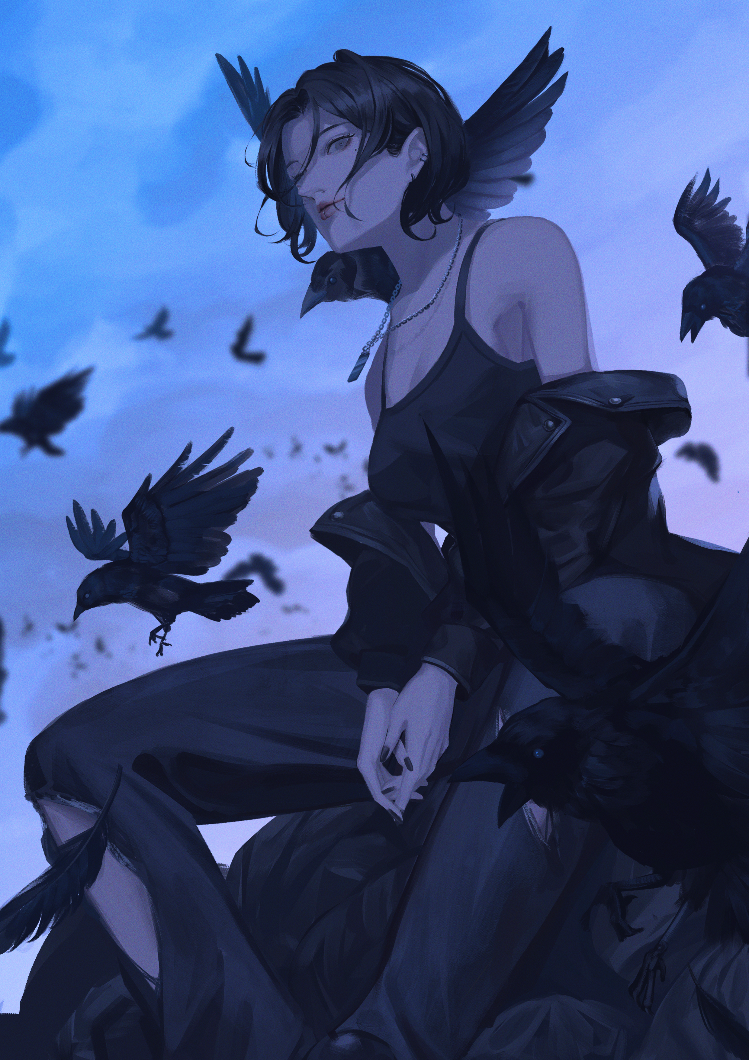 doloyume, original, absurdres, commentary, english commentary, highres, 1girl, bird, black camisole, black hair, black jacket, black pants, blurry, blurry background, breasts, camisole, crow, expressionless, grey eyes, jacket, jewelry, lips, looking afar, necklace, pants, sky, solo, torn clothes, torn pants