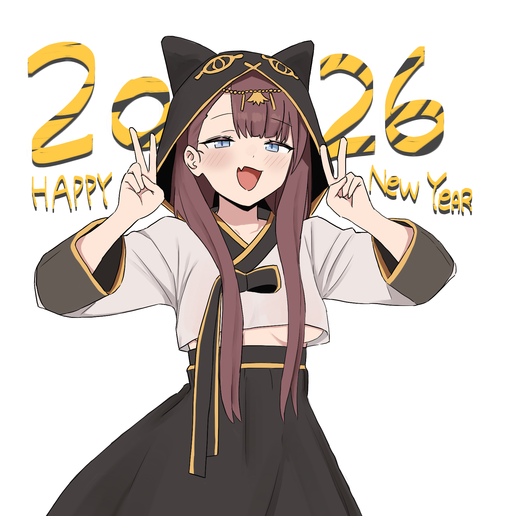 yep (70837259), pepe (arknights), arknights, highres, 1girl, 2026, animal hood, black skirt, blue eyes, breasts, brown hair, cat hood, double v, fang, happy new year, hood, hood up, long hair, long sleeves, looking at viewer, medium breasts, new year, open mouth, skin fang, skirt, smile, solo, v
