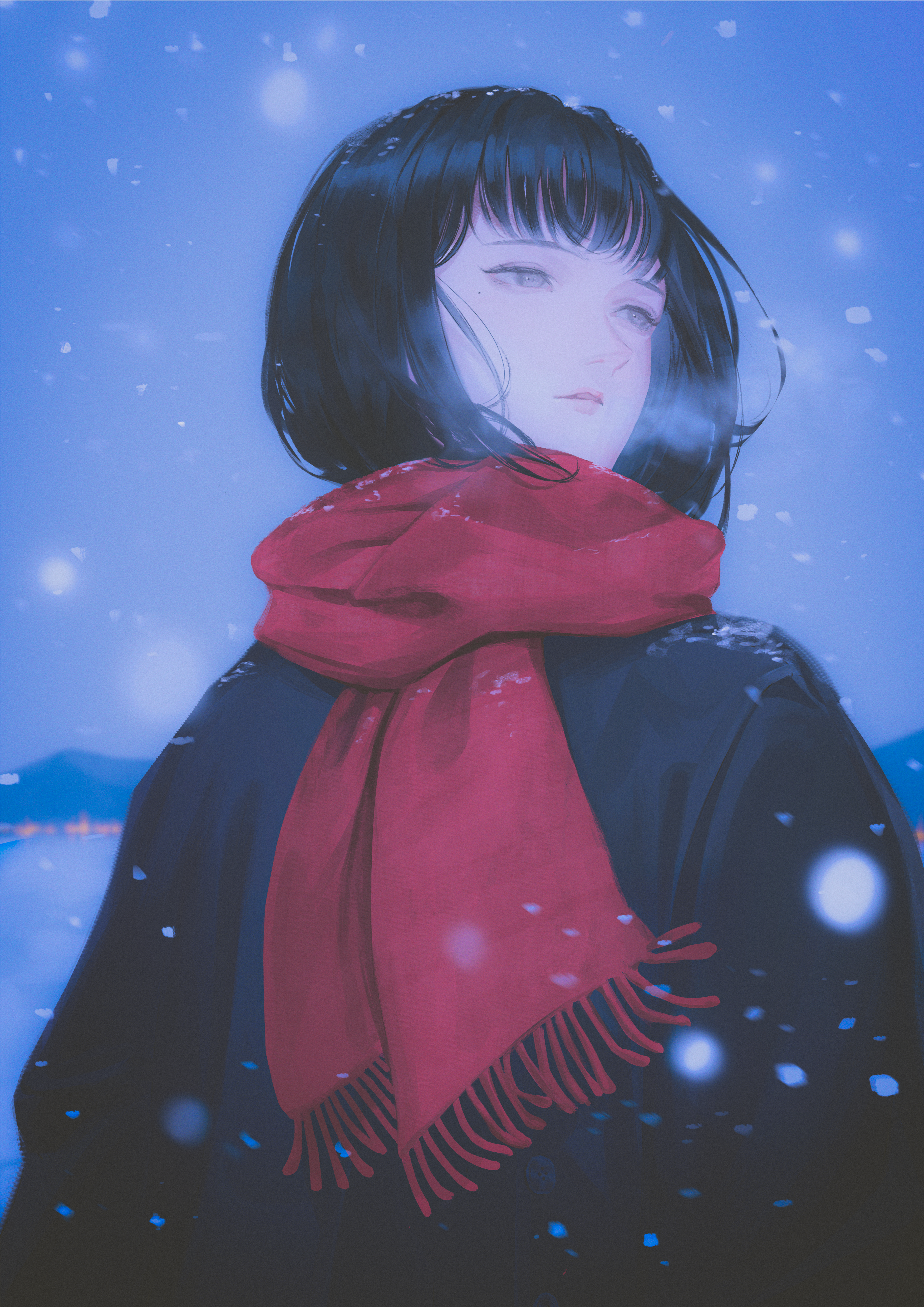 doloyume, original, absurdres, commentary request, highres, 1girl, black coat, black hair, blurry, bob cut, breath, coat, depth of field, expressionless, grey eyes, lips, mole, mole under eye, red scarf, scarf, snow, solo, winter