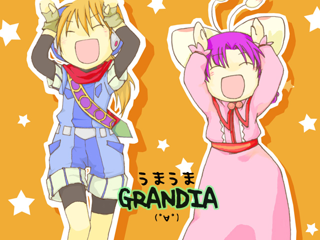 justin (grandia), sue (grandia), game arts, grandia, grandia i, 1boy, 1girl, :d, ^ ^, brown hair, caramelldansen, closed eyes, dress, fingerless gloves, gloves, green gloves, open mouth, orange background, pink dress, purple hair, rabbit pose, simple background, smile, star (symbol)