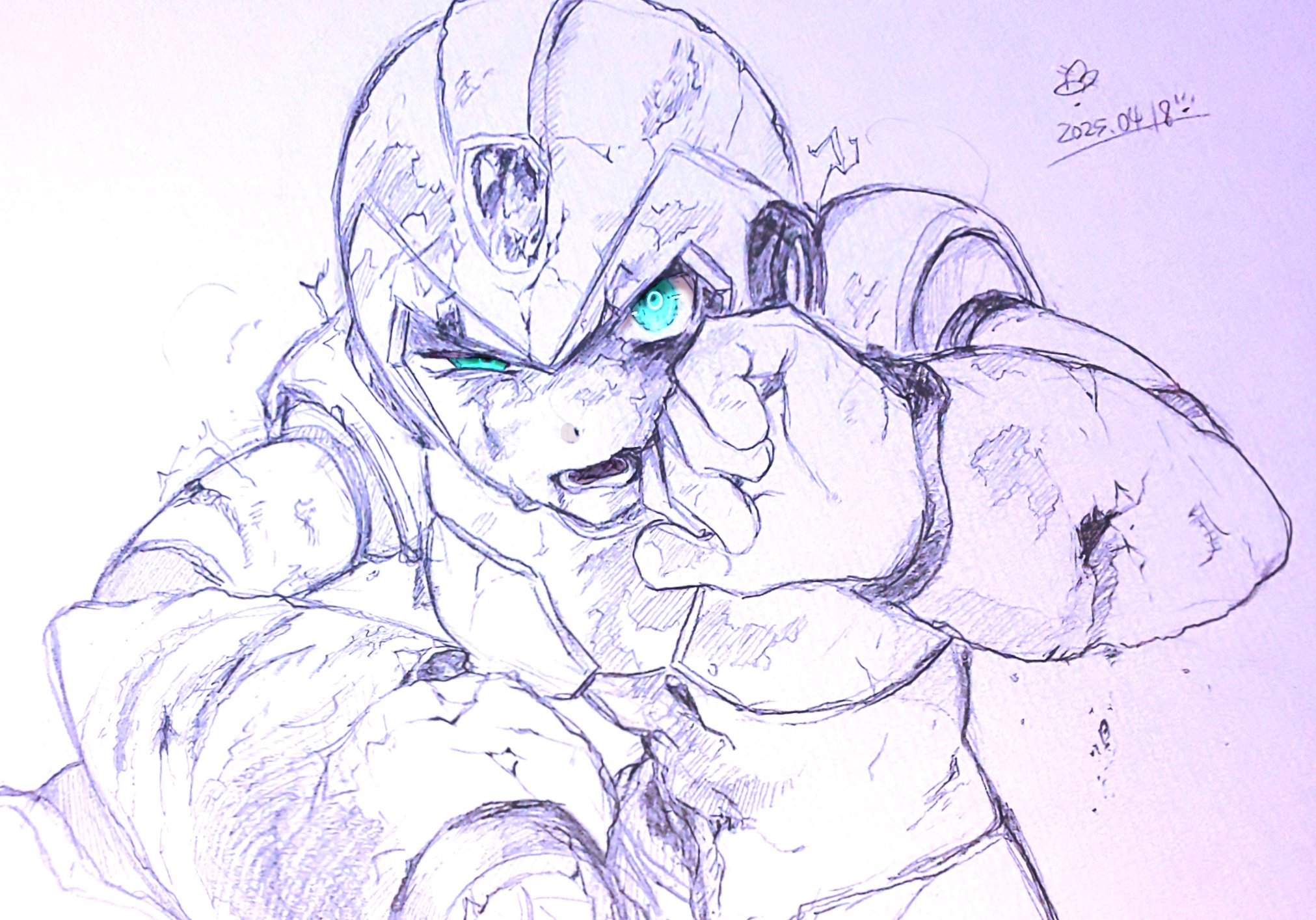 x (mega man), mega man (series), mega man x (series), highres, traditional media, 1boy, arm cannon, armor, battle damage, blue eyes, dated, half-closed eye, helmet, male focus, monochrome, solo, spot color, upper body, weapon, yakumohu2122