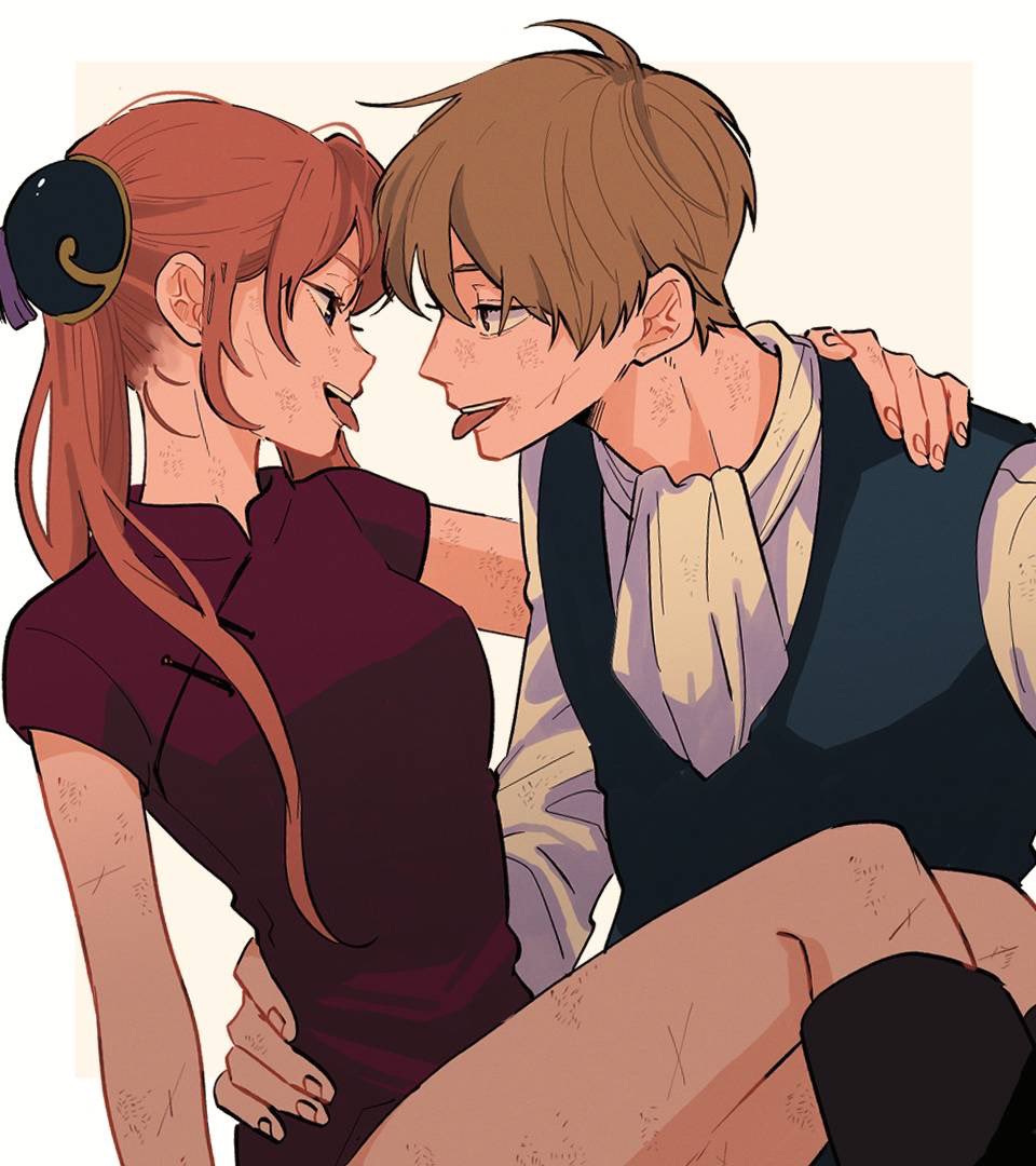 8s8spuco, kagura (gintama), okita sougo, gintama, 1boy, 1girl, battle damage, brown hair, bun cover, china dress, chinese clothes, dress, hair bun, looking at another, orange hair, sitting, sitting on person, tongue