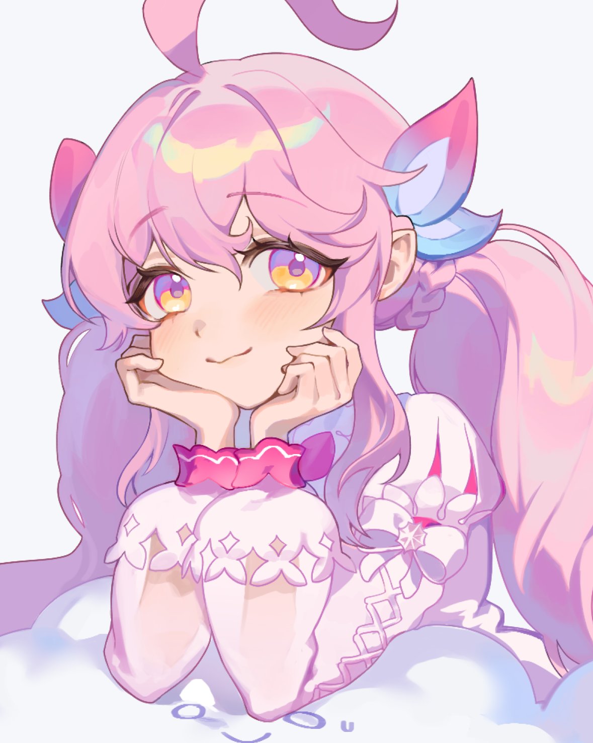ged s, laby (elsword), radiant soul (elsword), elsword, commentary, highres, korean commentary, 1girl, ahoge, blush, closed mouth, dress, elbow rest, hair between eyes, hands on own cheeks, hands on own face, long hair, looking at viewer, multicolored eyes, orange eyes, pink hair, pointy ears, purple eyes, see-through clothes, see-through sleeves, sidelocks, simple background, smile, solo, twintails, twintails with braided base, two-tone eyes, very long hair, white background, white dress