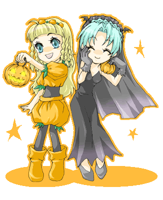 grune (tales), shirley fennes, tales of (series), tales of legendia, lowres, 2girls, blonde hair, blue eyes, gloves, green hair, halloween, multiple girls, pumpkin, shoes, smile, transparent background