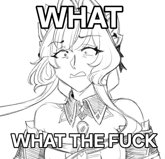 cess (c23327474), sandrone (genshin impact), genshin impact, commentary, english commentary, 1girl, bare shoulders, breasts, brooch, cleavage, constricted pupils, detached collar, jewelry, long hair, monochrome, profanity, simple background, solo, upper body, white background