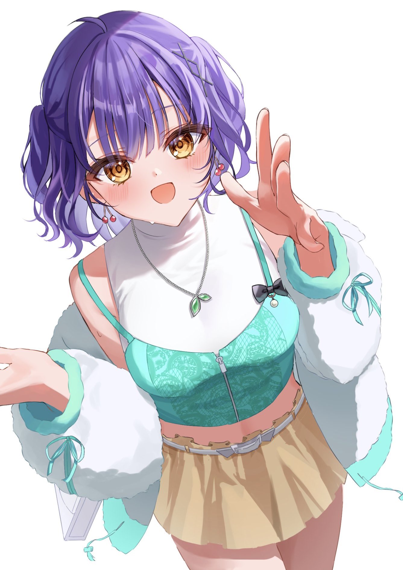 coco (lu28 mi), nanase suzuna, nanase suzuna (2nd costume), nijisanji, highres, 1girl, arm up, belt, blush, breasts, camisole, cherry earrings, cowboy shot, earrings, food-themed earrings, food themed earrings, fur trim, hair ornament, hairclip, jacket, jewelry, lace, layered clothes, looking at viewer, medium breasts, midriff, navel, necklace, off shoulder, open mouth, pleated skirt, purple hair, short hair, simple background, skirt, smile, solo, stomach, thighs, virtual youtuber, white background, white jacket, x hair ornament, yellow eyes